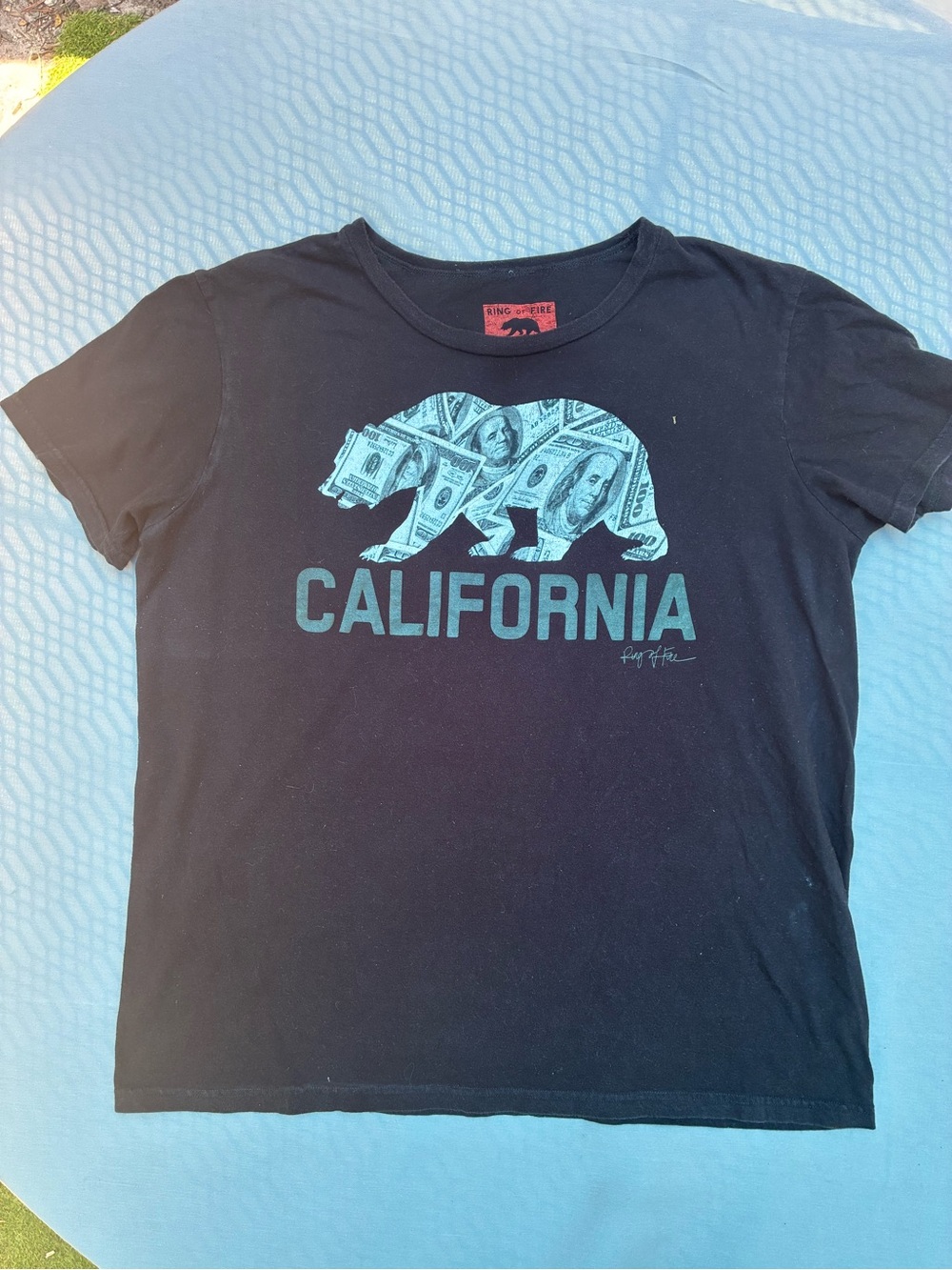 Ring of Fire Black Kids Tee with Teal California Bear Graphic
